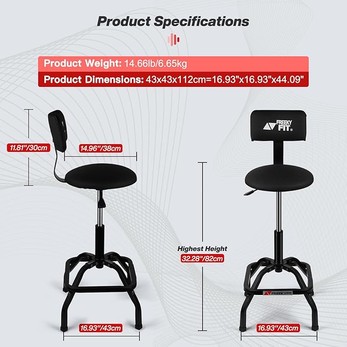 Shop Stool with Backrest, Mechanic Garage Stool for Workshop, Adjustable Stool Chair, Padded Workbench Stool for Men Women, 300 LBS Capacity, 360° Swivel PVC Seat, Heavy Duty, Black