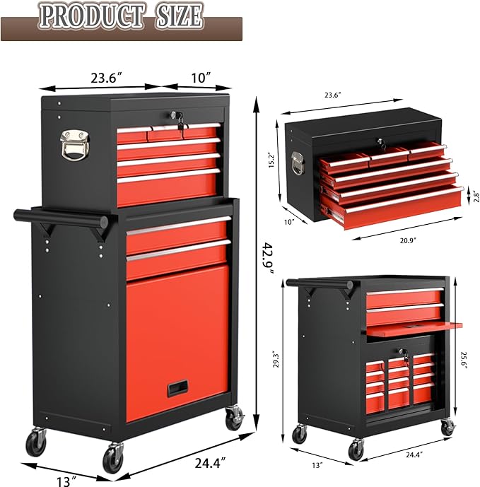 8 Drawer Tools Chest,42.9 inch Tool Cabinet with Universal Lockable Wheels，Organizable Tool Box with Detachable Top Box for Workshop，BlackRed