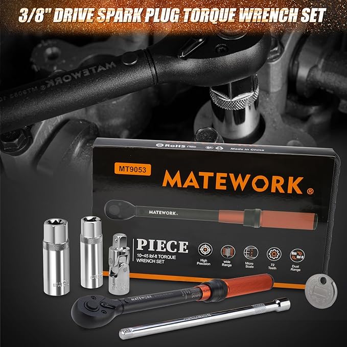 3/8-Inch Drive Torque Wrench, 6PCS Magnetic Spark Plug Socket Set with Torque Wrench 3/8 Drive (10-45 FT.LB/13.6-61 Nm), Includes Spark Plug Gap Tool, Universal Joint, 10” Extension Bar