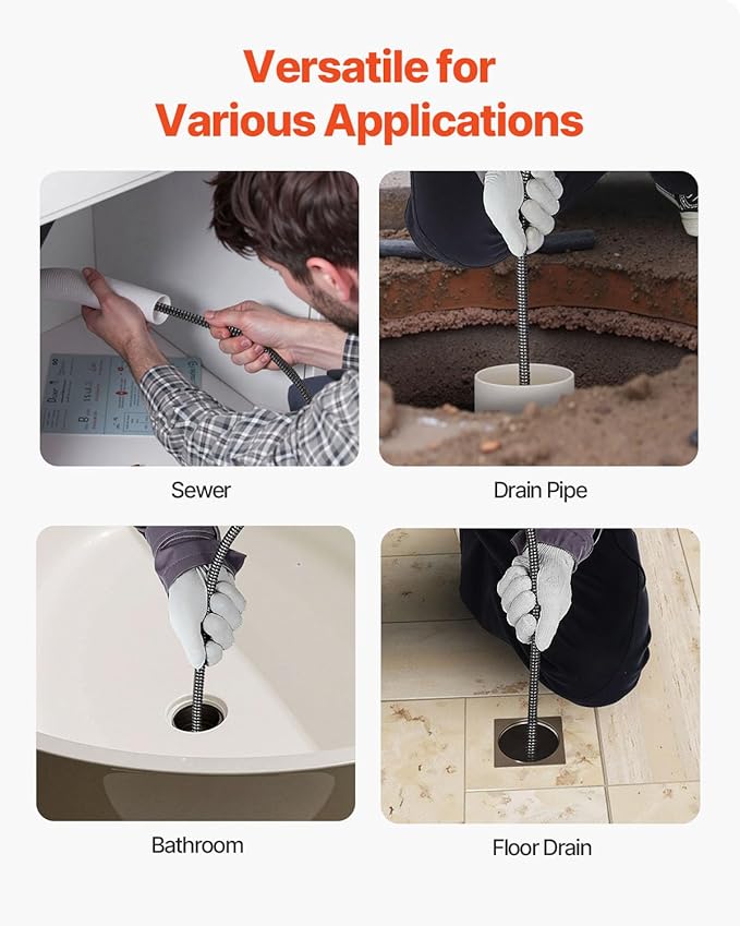 VEVOR Drain Cleaner Machine 75FT x 1/2Inch, Auto Feed Sewer Snake Auger with 4 Cutter & Air-activated Foot Switch for 2" to 4" Pipes, Orange, Black
