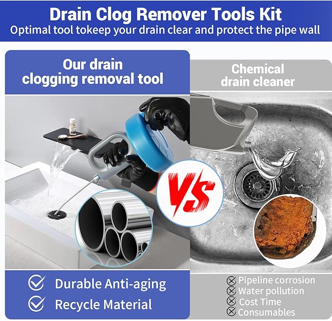 33Ft Drain Auger, Flexible Plumbing Snake & Drain Hair Clog Removal Tool with Gloves, Heavy Duty Pipe Snake Drain Unclogger Tool, Snake Auger for Bathroom Shower Kitchen Sink and Tub