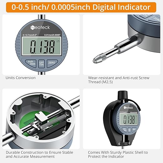 Neoteck Digital Dial Indicator Bore Gauge with 0.7"-6"/0.0005" Measuring Range and 6" Measuring Depth Dial Bore Gauge Set with 23PCS Anvils for Engine Cylinder Measurement