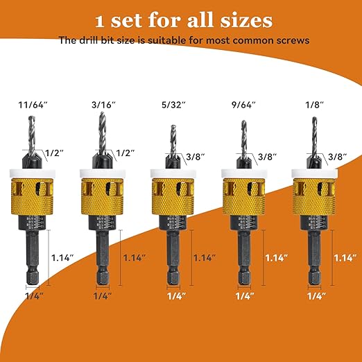 5 Pcs Hex Shank Countersink Drill Bit Set with Low Friction Depth Stop, 1/8" 9/64" 5/32" Drill+3/8” 82° Counter-Bore,11/64" 3/16" Drill+ 1/2" 82° Counter Bore,HSS M2 Tapered Bits (Yellow)