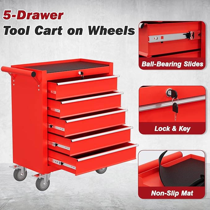 Rolling Tool Chest with Drawers, 5 Drawers Tool Chests & Cabinets, Metal Toolbox with Wheels, Lockable Storage Cabinet, Garage Tool Box with Drawers (Red, 5 Drawers)