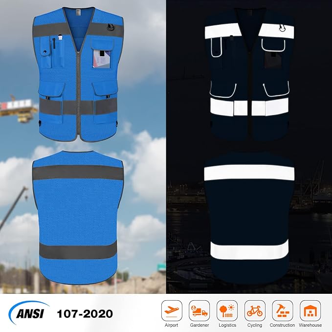 TCCFCCT Mesh Blue Safety Vest for Men Women 9 Pockets High Visibility Reflective Vest for Safety, Work Vest with Reflective Strips, Meets ANSI/ISEA Standards, Large