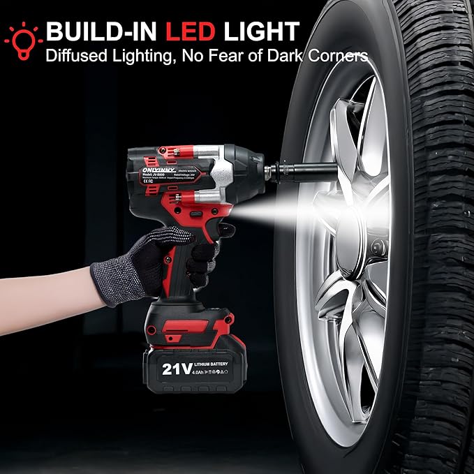 21V Cordless Impact Wrench 1/2" 800N.m (590Ft-lbs), Professional Brushless Impact Gun w/ 2×4.0Ah Batteries, Fast Charger, 3300RPM & LED Light for Auto/Home DIY/Repair/Deck