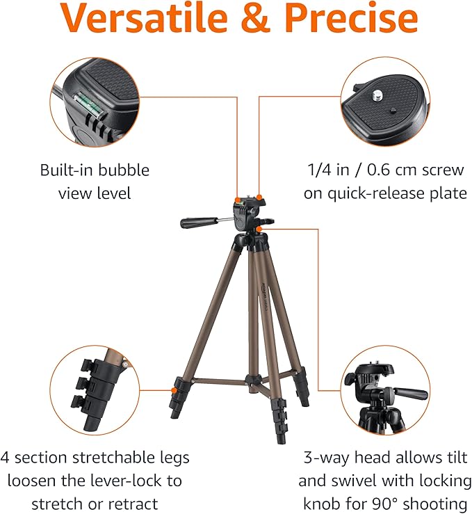 Amazon Basics 50-inch Lightweight Portable Camera Mount Tripod Stand with Bag, for Travel Photography, Champagne (Pack of 10)