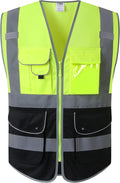 JKSafety 9 Pockets High Visible Reflective Safety Vest Zipper Front Breathable Lining, Yellow-Black Meets ANSI/ISEA Standards(150-Yellow-Black L