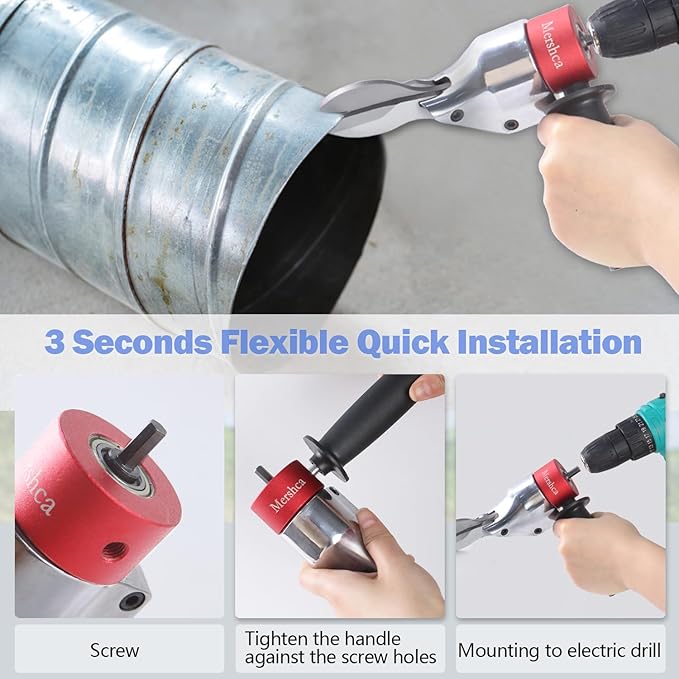 360° Pivoting Drill Metal Shear Attachment, Professional Power Tool Accessory for Cordless & Corded Drills, Heavy-Duty Metal Cutter for Iron, Aluminum & Copper Sheets with Adjustable Handle- R