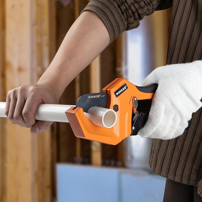 PVC Pipe Cutter Cuts up to 2-1/2”, Aluminum Ratchet Pipe Cutter Tool Heavy-Duty for PVC, PPR, PE, PEX, Plastic Hoses & Plumbing Pipes, Fast Pipe Tube Cutters with Teflon Coated SK5 Blade