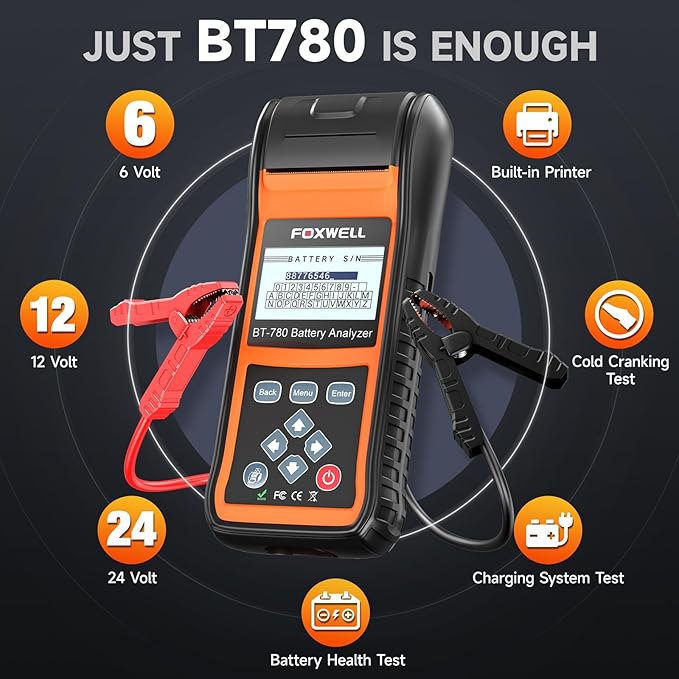 FOXWELL BT780 Car Battery Tester, 12V 24V Battery Load Analyzer with Printer 100-2000CCA Digital Automotive Cranking Charging System Checker for Car Motocycle Heavy Duty Truck Marine SUV Boat
