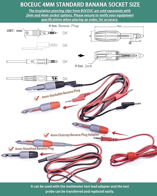 Insulation Piercing Clips Set Heavy Duty 2 Pcs Wire Piercing Probe for 4mm Banana Plug Multimeter Test Leads Multi Testers Needle Accessories