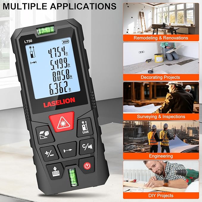LT50 Laser Distance Meter – 50m (165ft) Range, High Accuracy, Multiple Measurement Modes, Built-in Level Bubble, and Mute Function Handle Laser Distance Measurement Tool