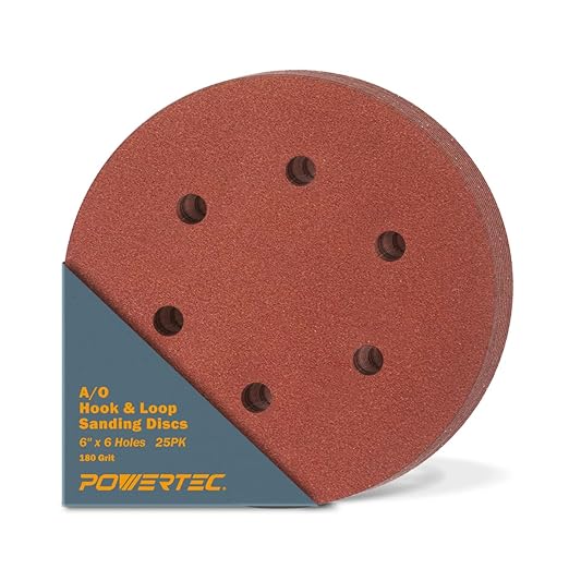 POWERTEC 180 Grit, 25 PK, 6 Inch Sanding Discs – Hook and Loop, 6-Hole Aluminum Oxide Orbital Sander Pads, Woodworking & Paint Round Sandpaper for Random Orbital, Air, Pneumatic & DA Sanders (45218)