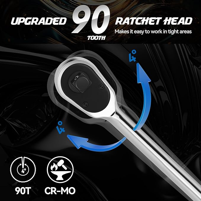 DISEN 1/2" Drive Ratchet,90-Tooth Ratchet Wrench with 14" Handle and Dust Proof Teardrop Enclosed Head, Reversible, CR-V Steel Made, CR-MO Head, Full Polished, Gifts for Men
