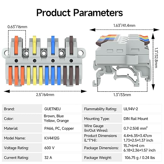 2Pcs Lever Wire Connectors, 4 in 12 Out, Push-in, Quick Wiring DIN Terminal Blocks, 0.7-2.5(4) mm², 600V 32A, 32Pcs Wire Ferrules Terminals & 5.51 Inch DIN Rail Included