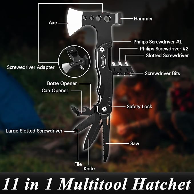 RoverTac Multi Tool Camping Axe Hatchet 11-in-1 Multitool Camping Gear Survival Tool with Axe Knife Hammer Saw Bottle Can Opener Screwdrivers Nylon Sheath Gifts for Men Perfect Camping Hiking Survival