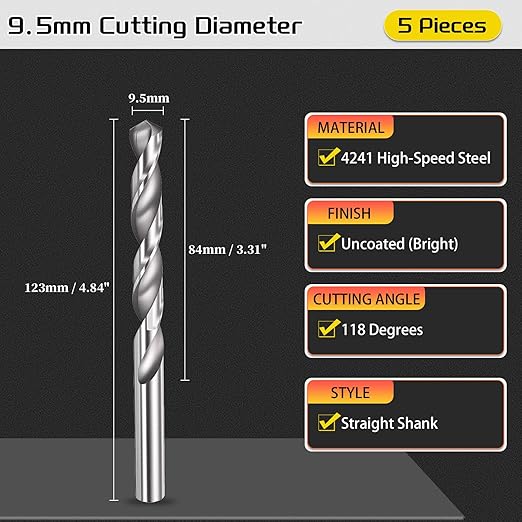 Drill Bit, 9.5mm Cutting Diameter, 4241 HSS 118° Cutting Angle Uncoated Bright Versatile Jobber Bits - (Applications: for Drilling Plastic Wood Soft Metal), 5-Pieces