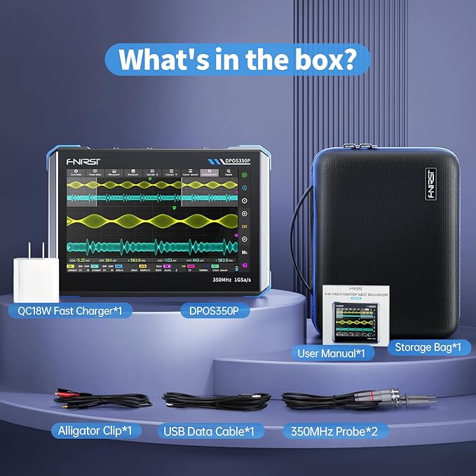 FNIRSI DPOS350P 4-in-1 Tablet Oscilloscope 350MHz, Spectrum Analyzer 200KHz - 350MHz, Frequency Response Analyzer DDS Generator, 2CH Handheld Oscilloscope 1 GSa/s, 7" Touch Screen Digital Phosphor