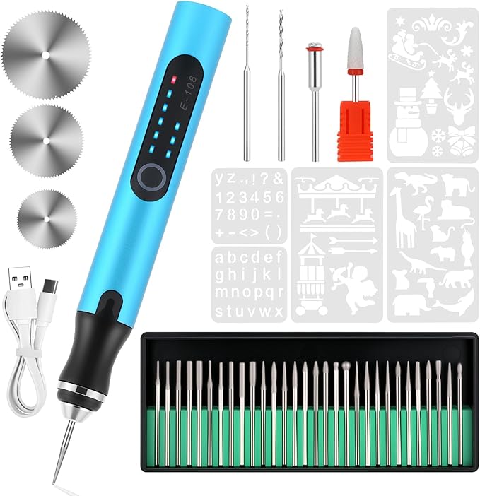 Electric Engraving Pen with 37 Bits, USB Rechargeable Cordless Etching Engraving Tool, Portable DIY Rotary Engraver for Jewelry Wood Glass Stone Carving (Blue)