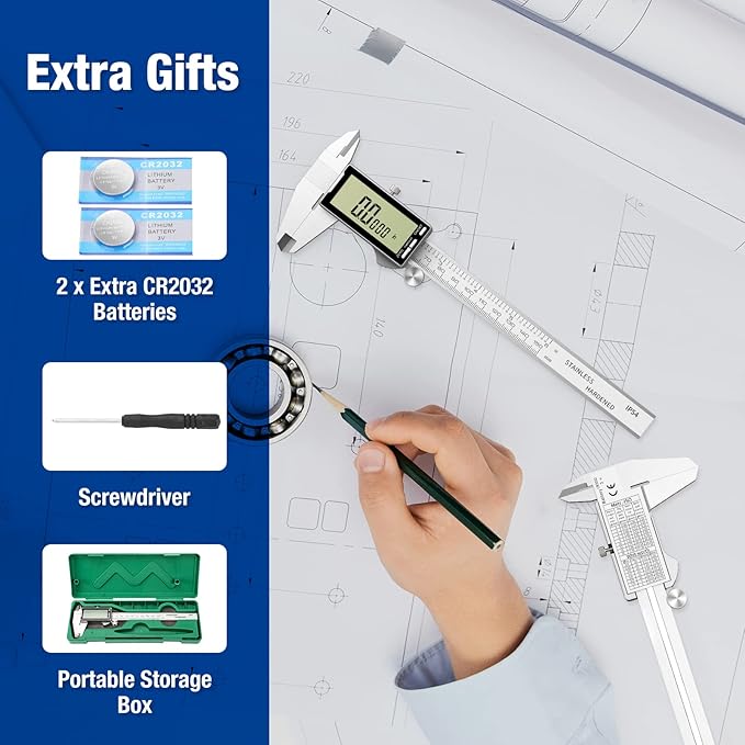 Digital Caliper 6 Inch with Large LCD Screen, Inch/MM/Fraction Conversion, 150mm Micrometer Caliper All Stainless Steel Diameter Measuring Tool for Jewelers/Woodworkers/DIY