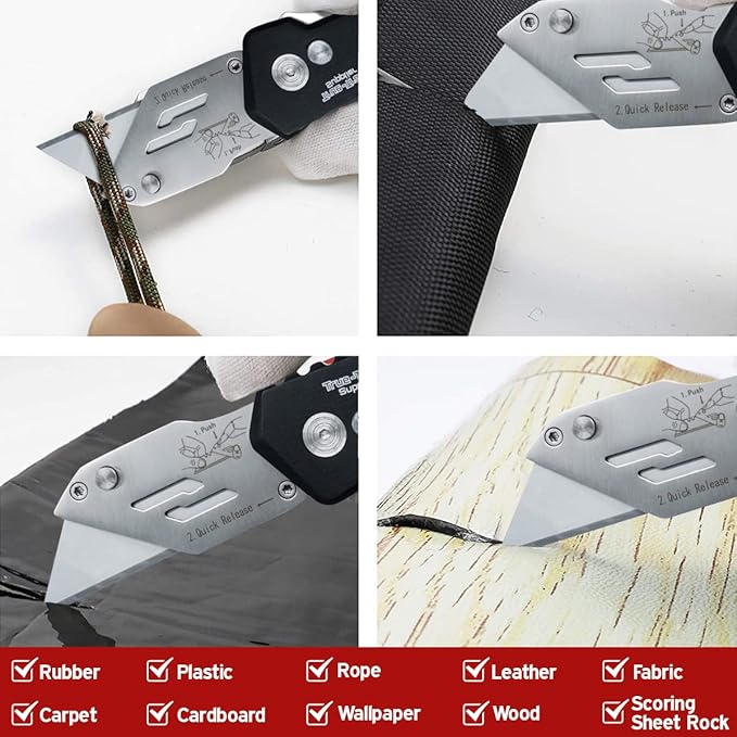 Heavy Duty Folding Utility Knife with Maintenance Tool, Holster, Nylon Pouch, Belt Clip, Stainless Steel Box Cutter, One Year Warranty