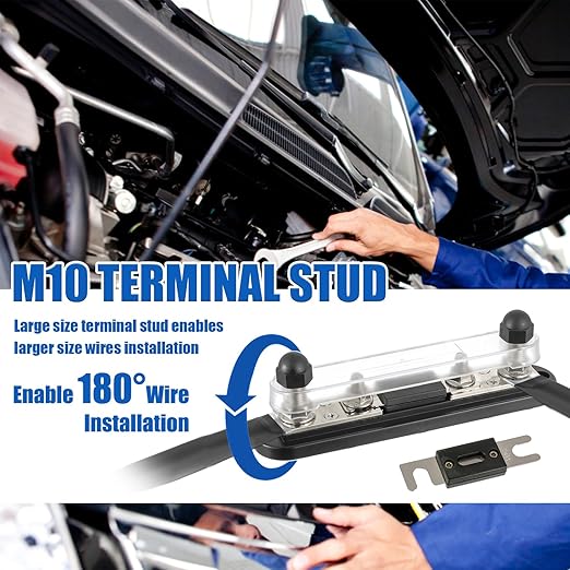 BOJACK ANL Fuse Holder with 350 Amp ANL Fuse, ANL Fuse Block with 2 Pieces 350A ANL Fuse, M10 Stud Terminals Maximum Current 750A, for Trucks, Cars, Ships, etc.