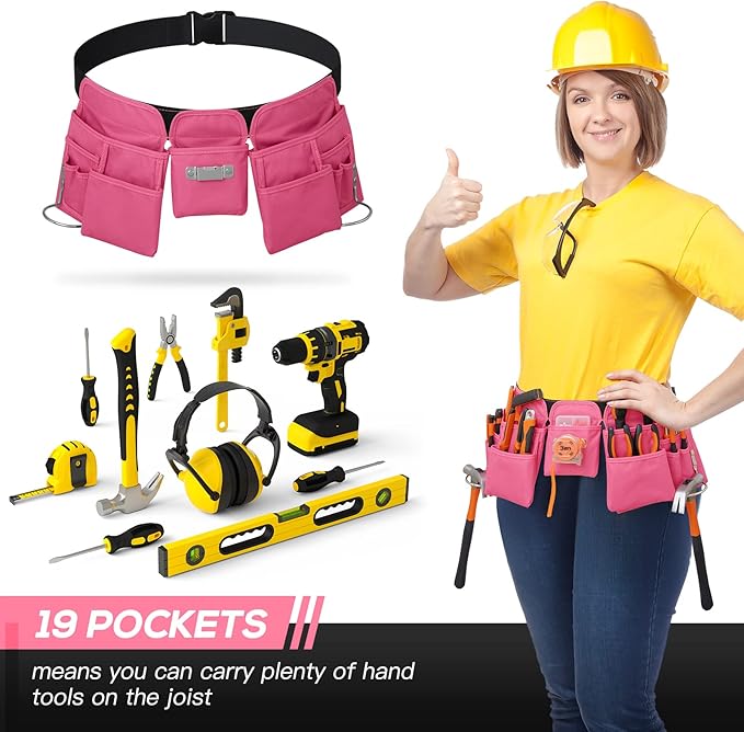 19 Pocket Tool Belts - Gardening Belt with Quick Release Buckle,Adjustable Utility Belt,Work Apron for Men and Women,for Gardening,Electrician,Carpenter,Construction Tool Belt,Gifts (Pink)
