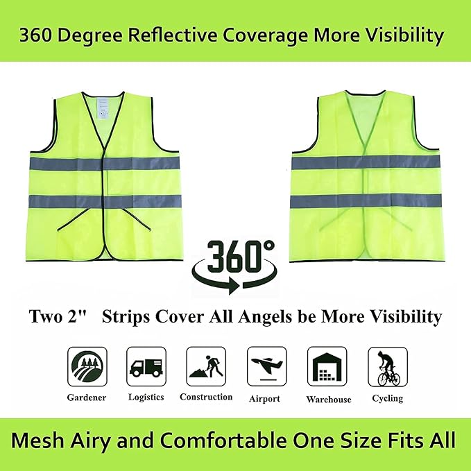 Safety Vests 10 Pack -Yellow Reflective High Visibility Construction Work Vests for Men,Woman,Pockets,Hi Vis Mesh and Neon Silver Strip,CIMC