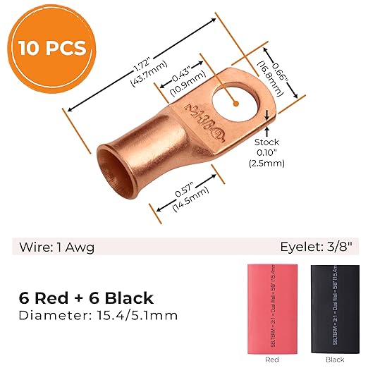 SELTERM 10pcs - 1 Awg - 3/8" Stud - Battery Lugs - Ring Terminal Connectors | with 12pcs 3:1 Black & Red Heat Shrink Tubing with Adhesive | Heavy Duty Battery Cable Ends - Bare Copper Wire Lugs Kit