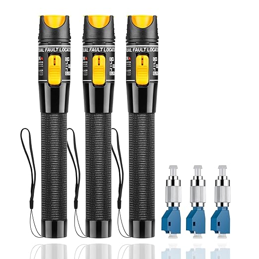 3pc Fiber Optic Visual Fault Locator VFL Fiber Optic Cable Tester with 3pcs Singlemode 9/125um FC Male to LC Female Adapter, Yellow Switch (Mode Number: VFL-50)
