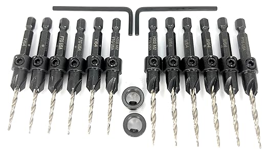 FTG USA Countersink Drill Bit Set 6 Pc #4 (7/64"), 6 Pc #6 (9/64") Tapered Countersink Bit, Stop Collar, Hex Wrench, Woodworking Countersink Drill Bits