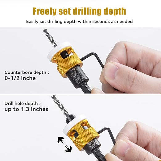 15 Pcs Countersink Drill Bit Set with Low Friction Depth Stop, HSS M2 Bits Tapered Head 1/8" 9/64" 5/32" Drill+3/8” 82° Counter-Bore,11/64" 3/16" Drill+ 1/2" 82° Counter Bore,1/4” Hex Shank(Yellow)