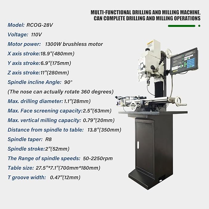 1300W Drilling and Milling Machine with Support Base, R8 Spindle Taper, 1.1" Drilling Diameter, Integrated Vertical Drilling and Milling Lathe for Metal, Wood and Plastic 110V