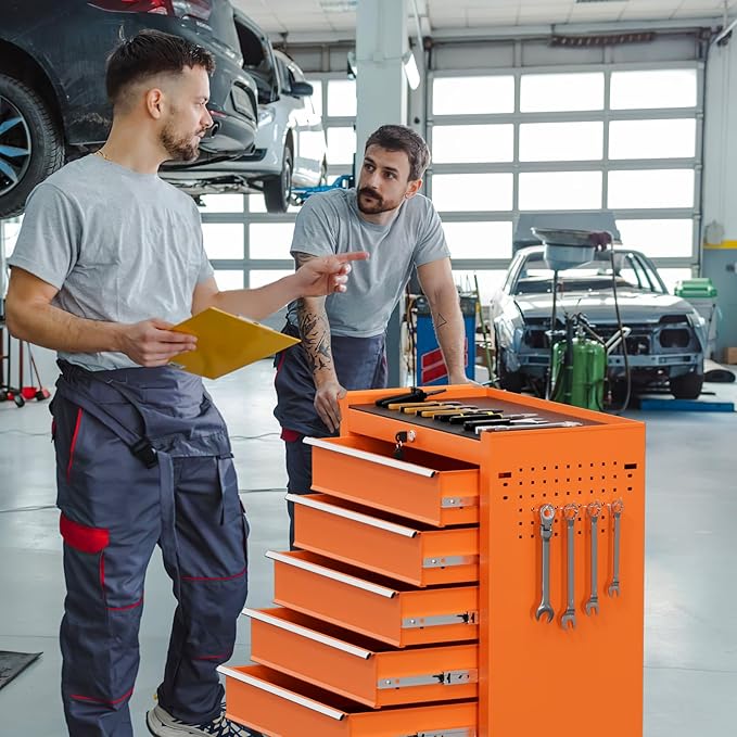 Rolling Tool Chest with Drawers, 5 Drawers Tool Chests & Cabinets, Metal Toolbox with Wheels, Lockable Storage Cabinet, Garage Tool Box with Drawers (Orange, 5 Drawers)