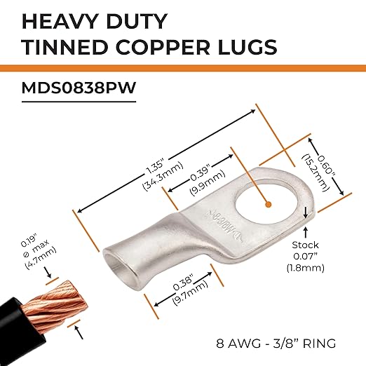 SELTERM 25pcs 8 AWG 3/8" Stud Marine Grade Tinned Copper Battery Cable Lugs, 8 Gauge Ring Terminals, UL Wire Lugs Electrical Battery Cable Ends, Tinned Copper Lugs Battery Terminal Connectors