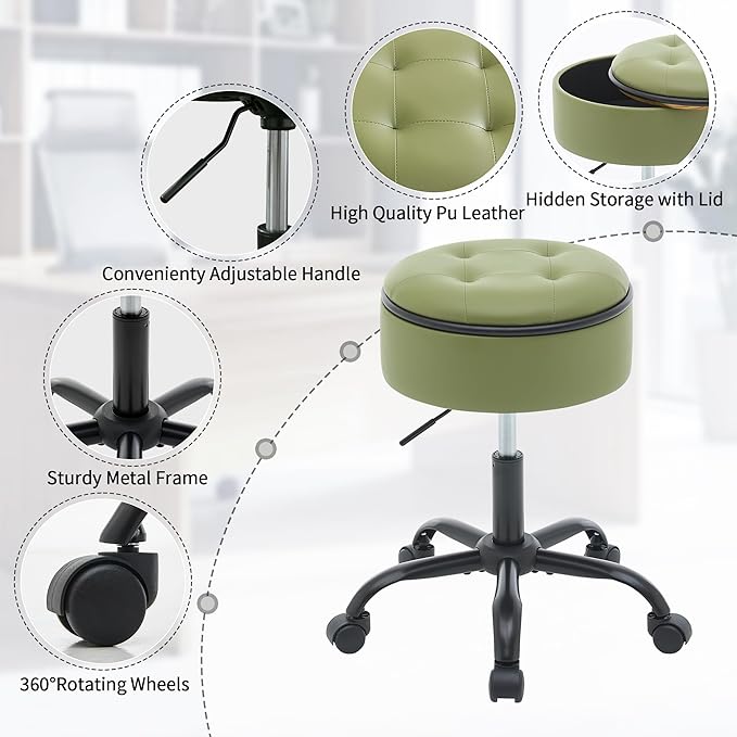 Rolling Stools with Wheels (Chair & Small Table in One) (Adjustable Height Barber Chair 20.67"-24.61"), Green Ergonomic Stool with Storage