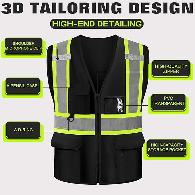 Safety Vest Customize Logo with 5 Pockets & Zipper Reflective High Visibility Vest Class 2 Outdoor Workwear