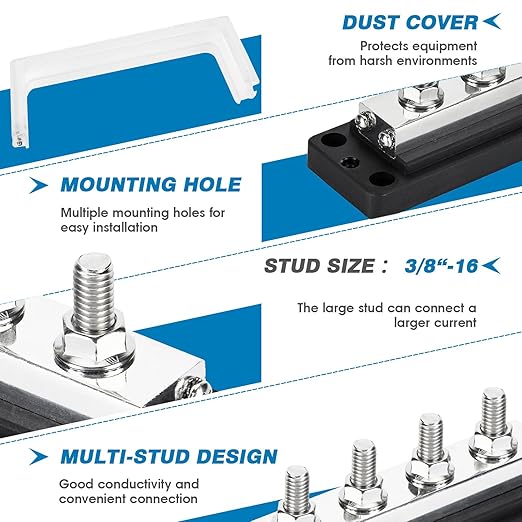 GLOSO Power Busbar 600A Common Bus bar Distribution Block Marine Battery Terminal Block 600 Amp Rating 4P