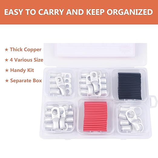 62PCS 4 AWG Tinned Ring Terminal Heat Shrink Tubing Set Copper Wire Lugs 4 Gauge 5/16", 3/8", 1/4", 1/2", 30Pcs Battery Cable Ends and 32PCS Heat Shrink Tubing