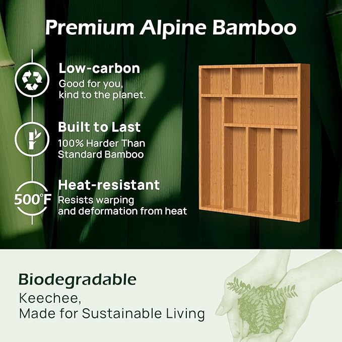 Carbonized Bamboo Kitchen Drawer Organizer, 8 Slots Silverware Organizer, Utensil Holder & Cutlery Tray, 2.2" Deep for Extra Capacity, Non-Slip Feet Included