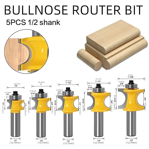 Bullnose Router Bit 1/2 Inch Shank Set 5PCS, Radius Half Round Bearing Wood Milling Cutter Drilling Carbide Tool for Door Table Cabinet Shelve.Radius 1/8" 3/16" 1/4" 5/16" 3/8"