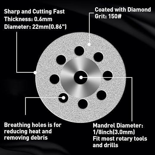 20 pcs Diamond Cutting Wheel Cut Off Discs Coated(22mm) with 4pcs 3mm Mandrel and Screwdriver for Dremel Rotary Tool