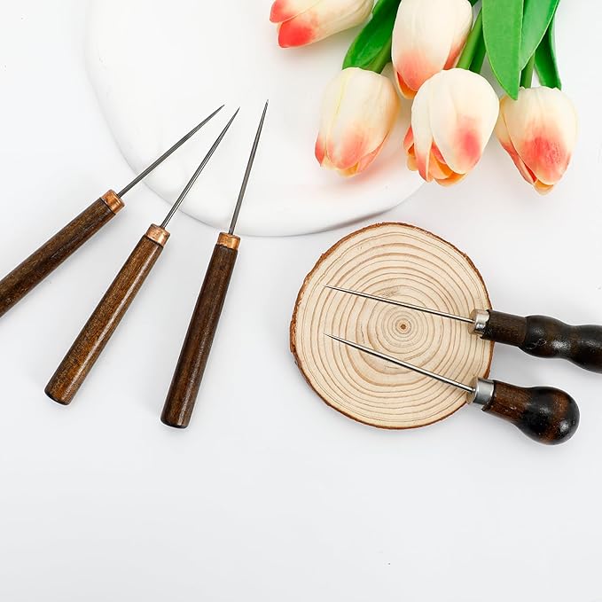 10pcs Scratch Awl Tool Gourd Shape Wooden Handle Awl Pin Punching for Leather Craft Cloth Pouch Hole, Wooden Handle DIY Handmade Maker Tool for Sewing, Punching, and Crafting
