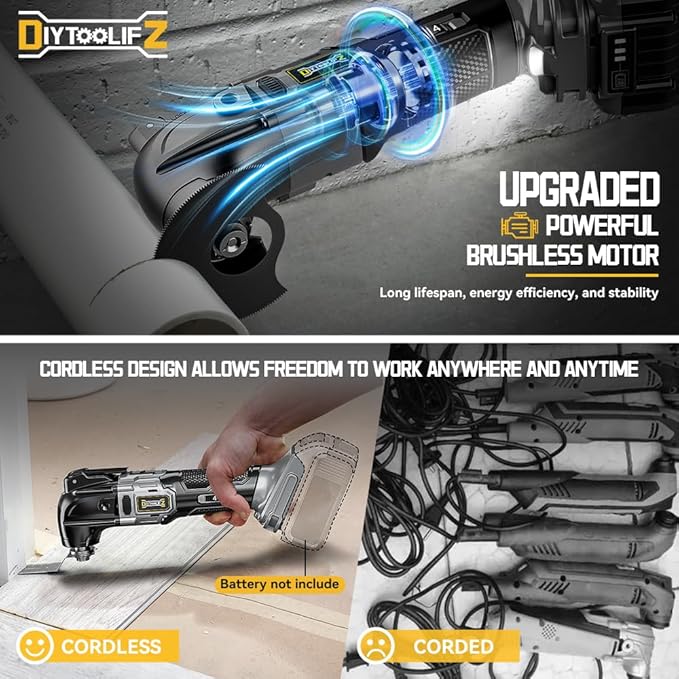 Cordless Oscillating Tool for Dewalt 20V Battery, 6 Variable Speed Brushless-Motor Tool, Oscillating Multi Tool Kit for Cutting Wood Drywall Nails Remove Grout & Sanding(Battery Not Included)