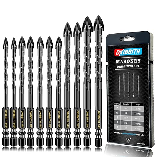 11-pc Carbide Masonry Concrete Drill Bit Set for Stone Tile Brick Ceramic Glass Metal Sheet Plastic Wood, Quick Change 1/4" Hex Shank, Size 3/16" 1/4" 5/16" 3/8" 1/2" with Storage Case