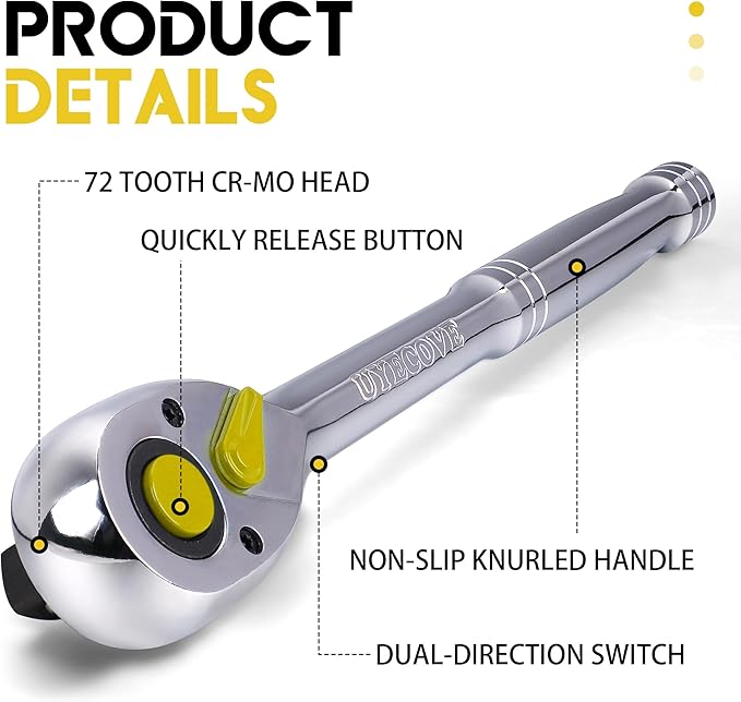 3/8 Inch Drive Ratchet Wrench, 3/8 Ratchet Wrench, Socket Wrench, 72-Tooth Quick-release Reversible Cr-Mo Head, Chrome Steel Made - 7.9''20cm