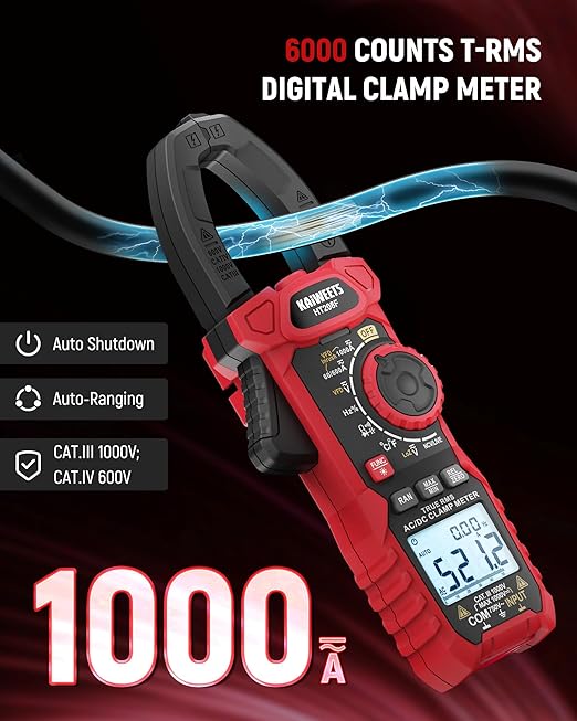 KAIWEETS Inrush Digital Clamp Meter 1000A with Backlit; Multimeter TRMS 6000 Counts, Amp Voltage Tester with VFD, LOZ Mode; Measures AC/DC Current Voltage Temperature Resistance NCV - Upgraded Screen