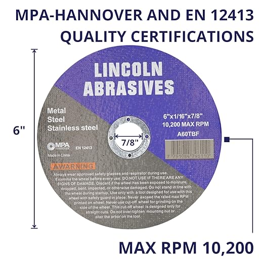 25 Pc 6" x 1/16" x 7/8" Cut-Off Wheels Lincoln Abrasives Metal & Stainless Steel