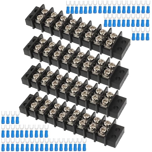 8 Circuits 8 Positions Terminal Block 20-30A 200-450V Dual Row Screw Terminals Strip with 64 PCS Heat Shrink Wire Fork Connectors(Pack of 4pcs)